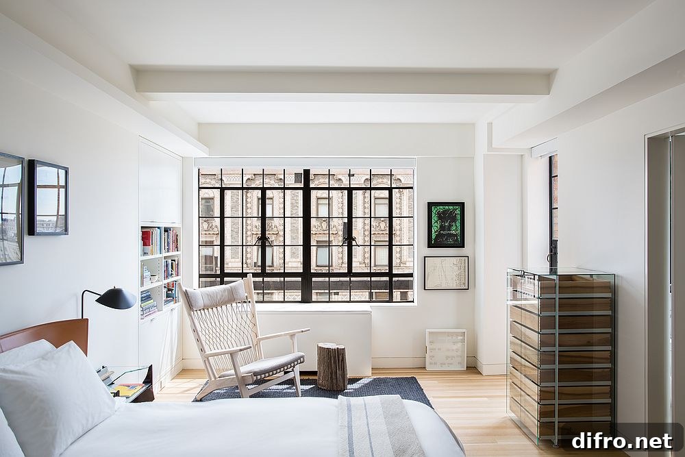 Main bedroom with white backdrop and mid-century modern decor