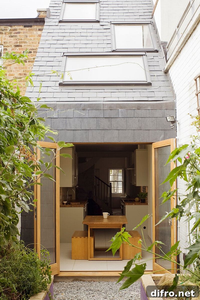 Gray and wood exterior with sloped ceiling