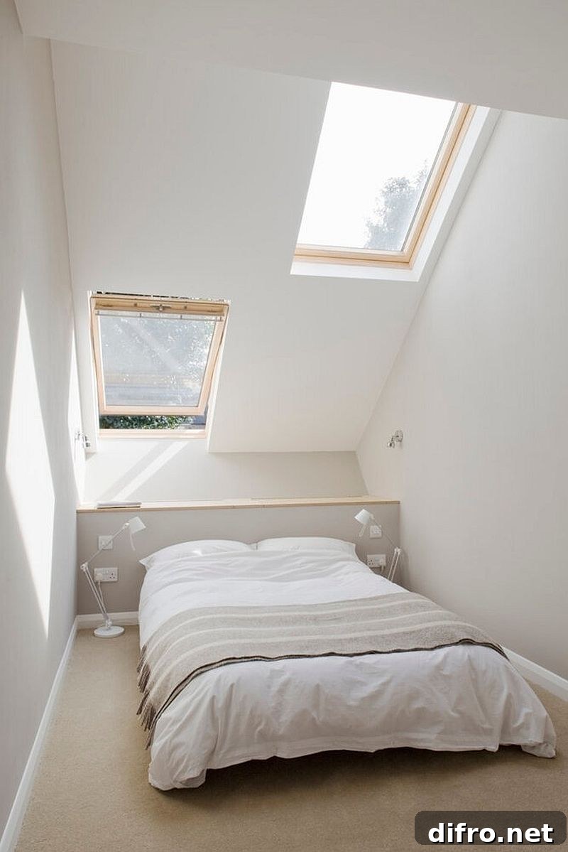 Bedroom with slanted ceiling and skylight