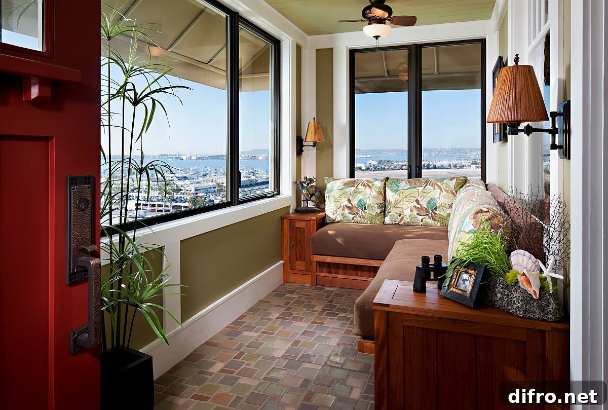 Tropical sunroom with built-in seating