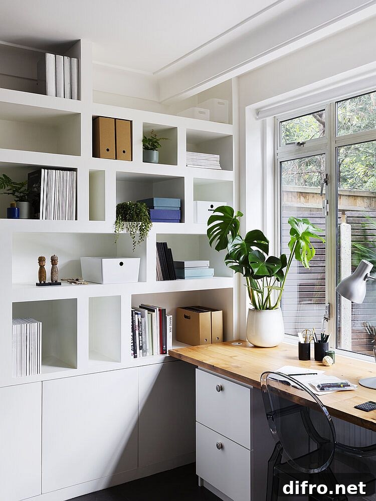 Curated and well-lit modern white home office with smart bookshelf and a wooden desk