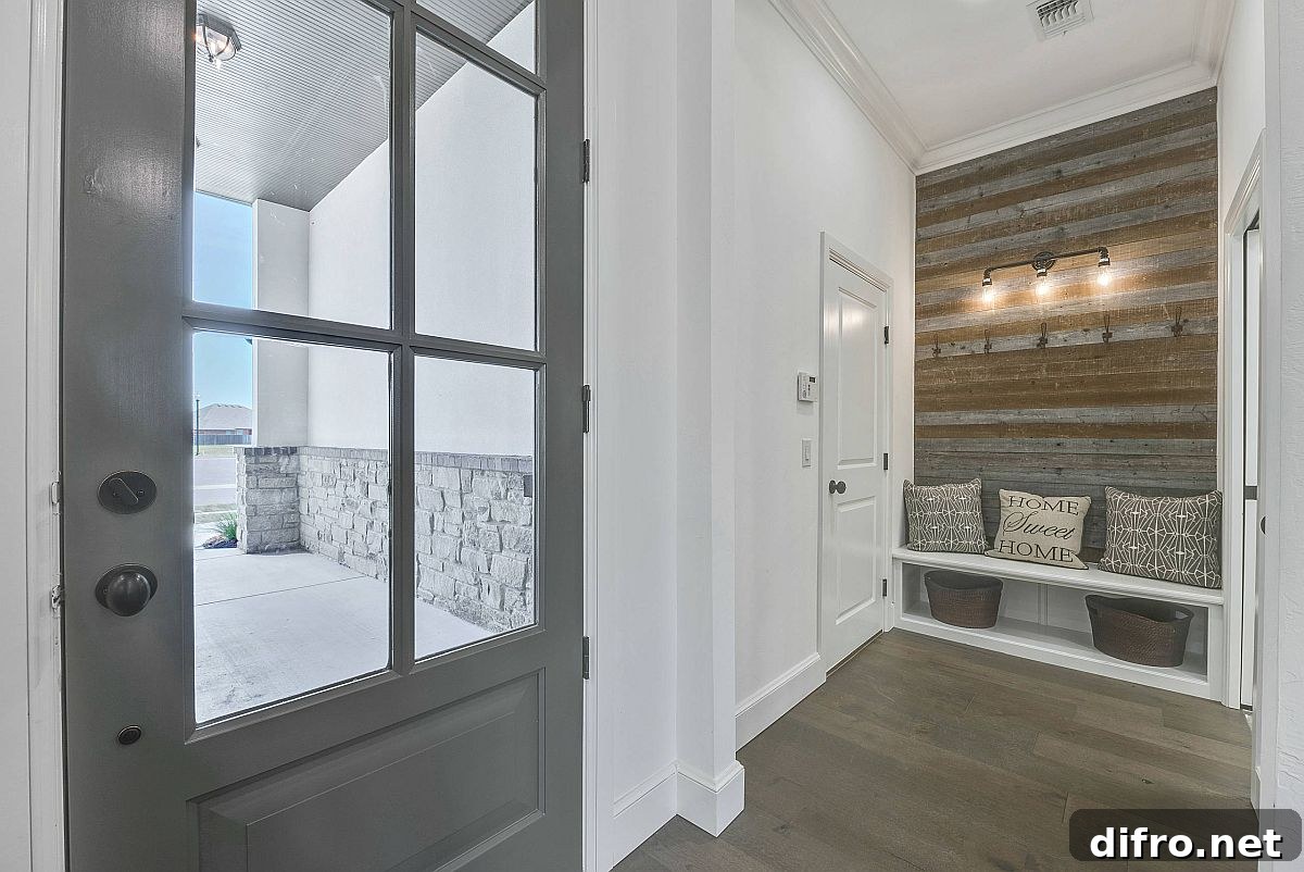 White entry with reclaimed wood accent wall