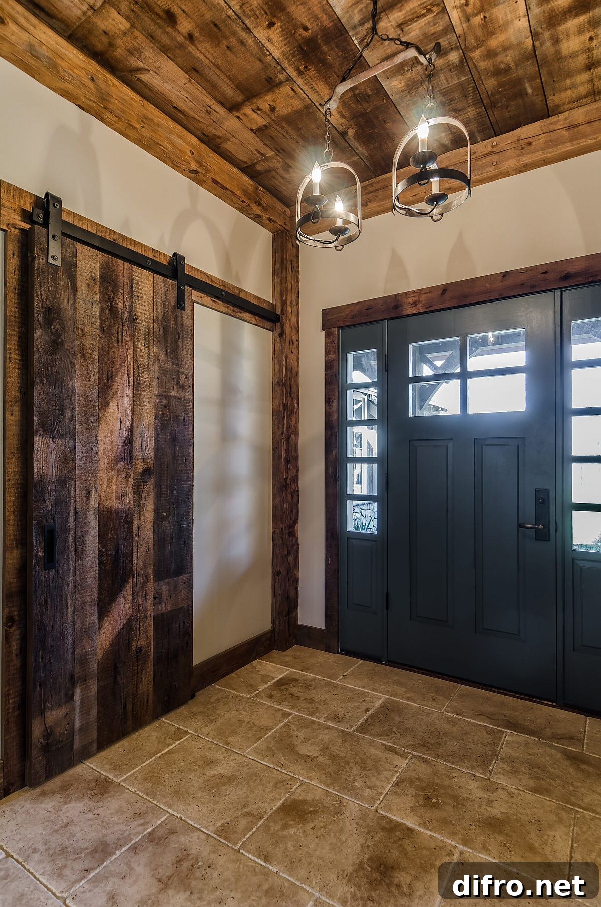 Reclaimed wood ceiling and sliding barn door