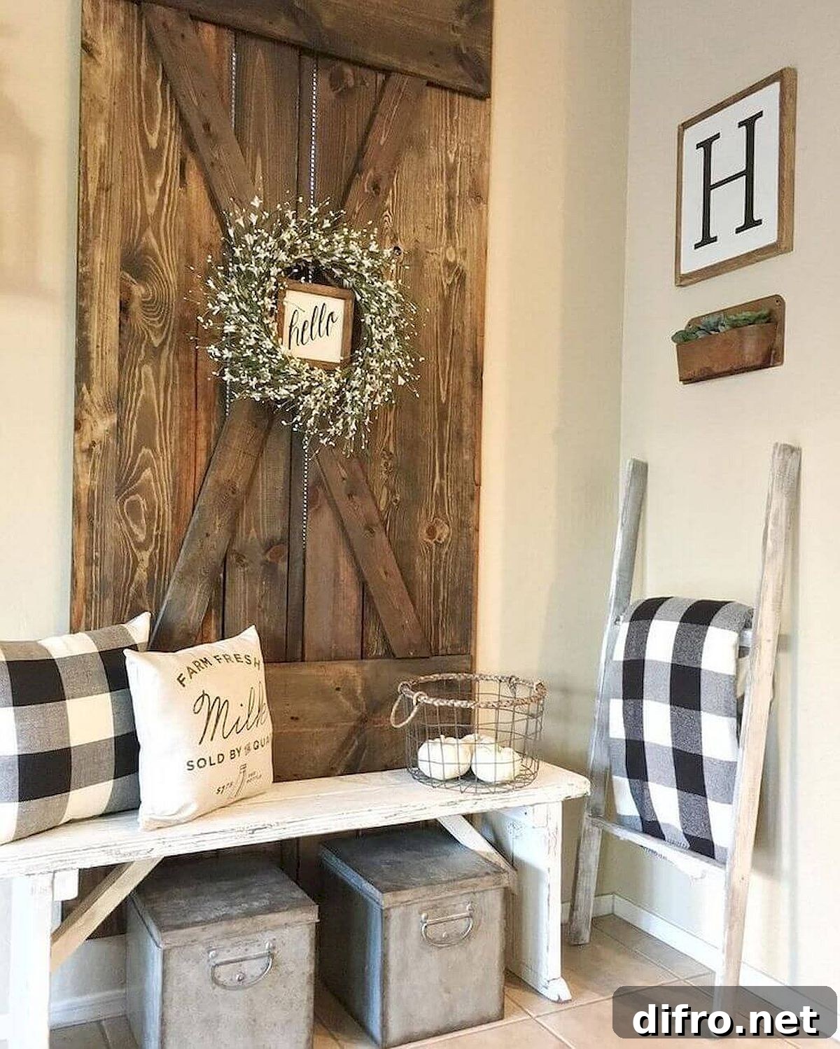 Reclaimed wooden bench and barn door in entry