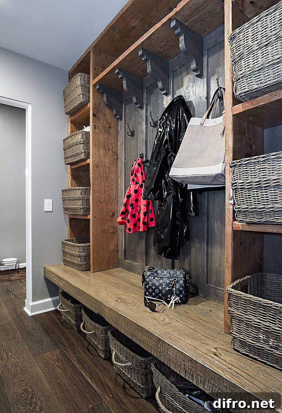 Custom entry cabinets and shelves in reclaimed wood