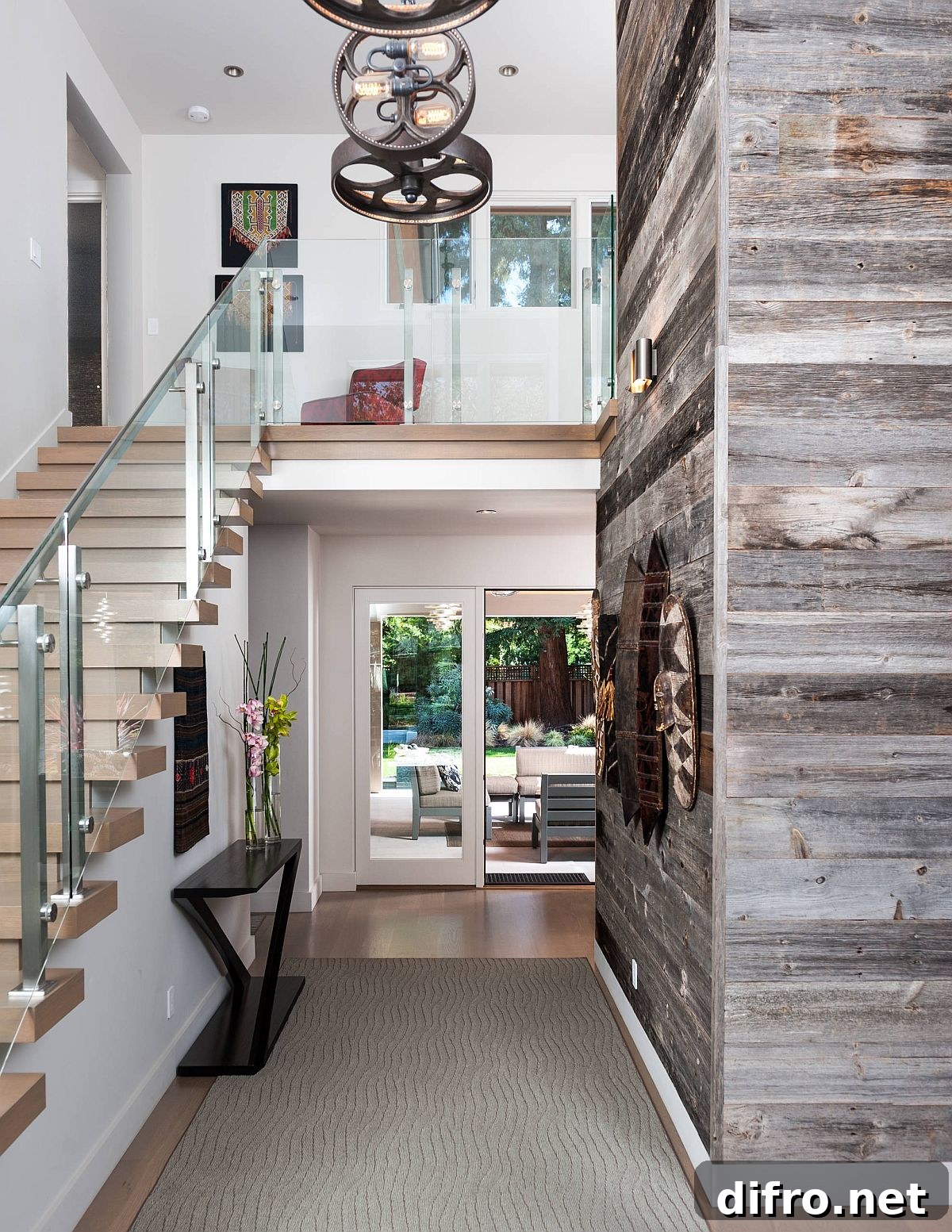 Reclaimed wood wall in contemporary entry