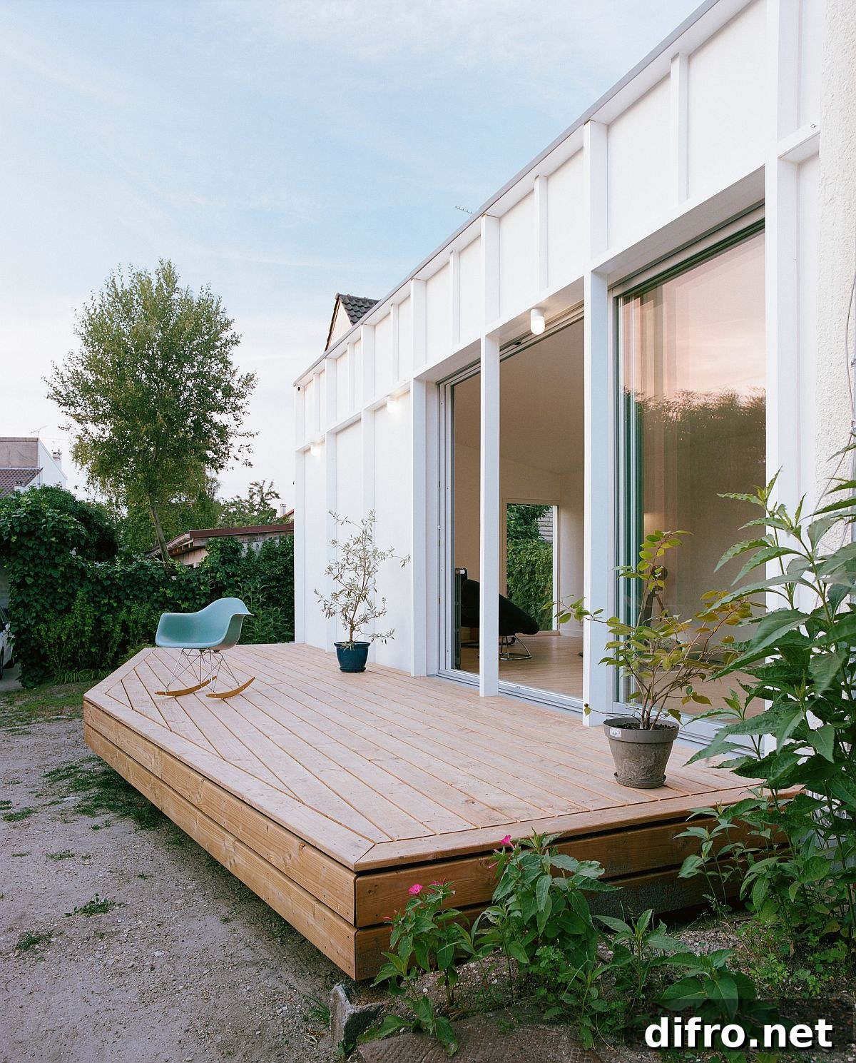 Glass doors linking living room to deck
