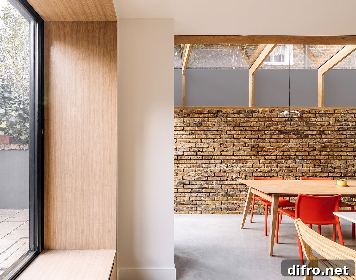 Exposed brick walls, polished concrete floor and oak finishes inside a London home
