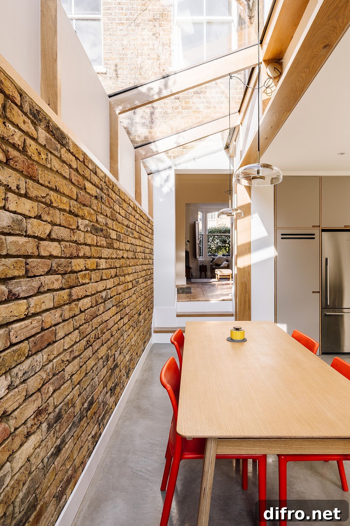 Dining area under the roof light gives the experience of eating outdoors