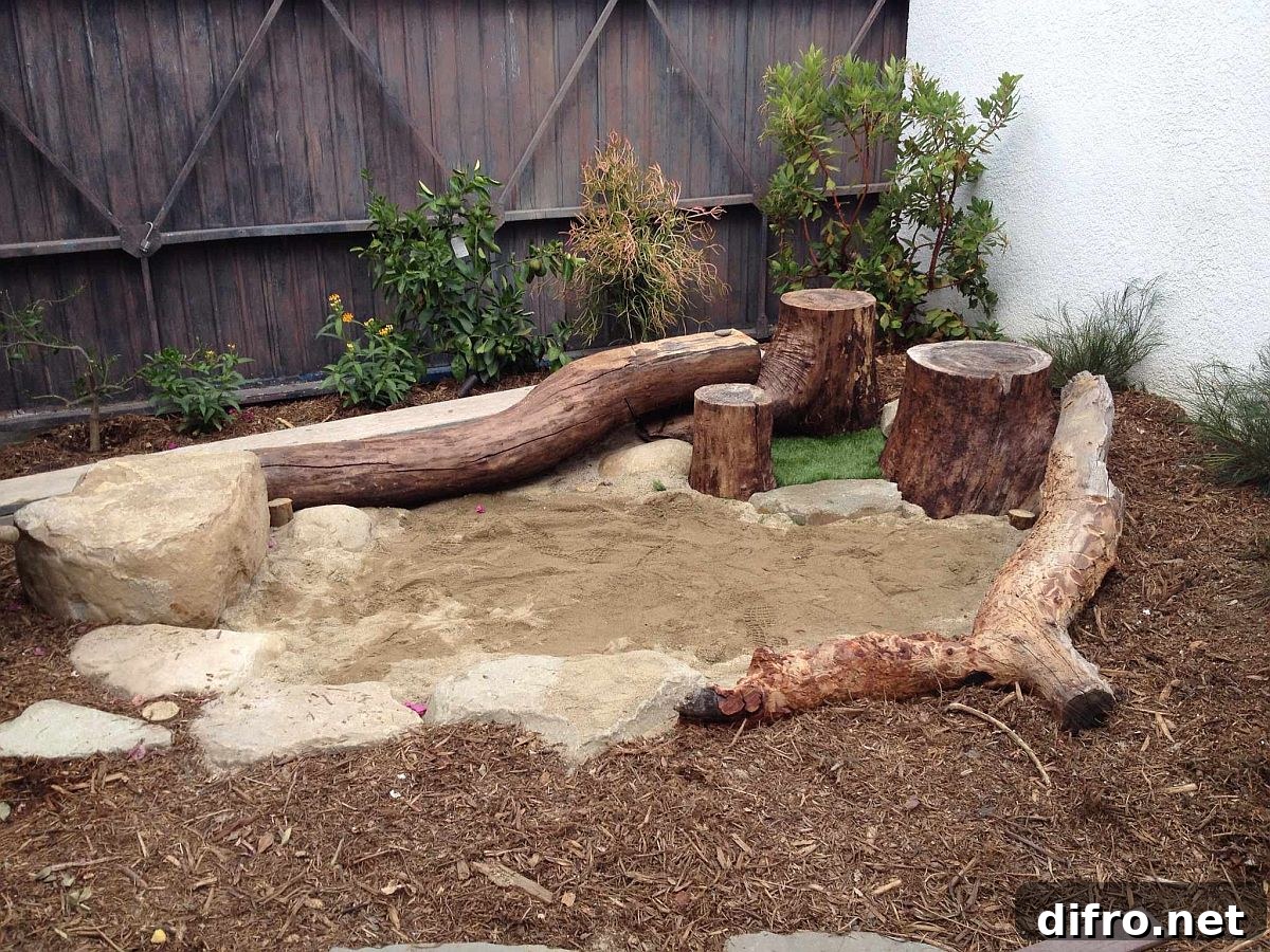 Rustic play area with sandbox