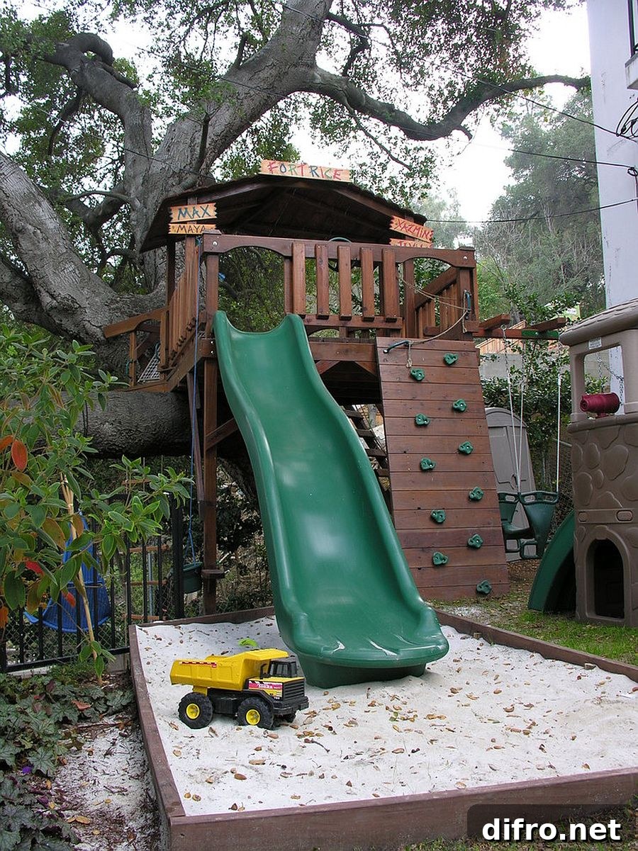 Treehouse with slide and sandbox