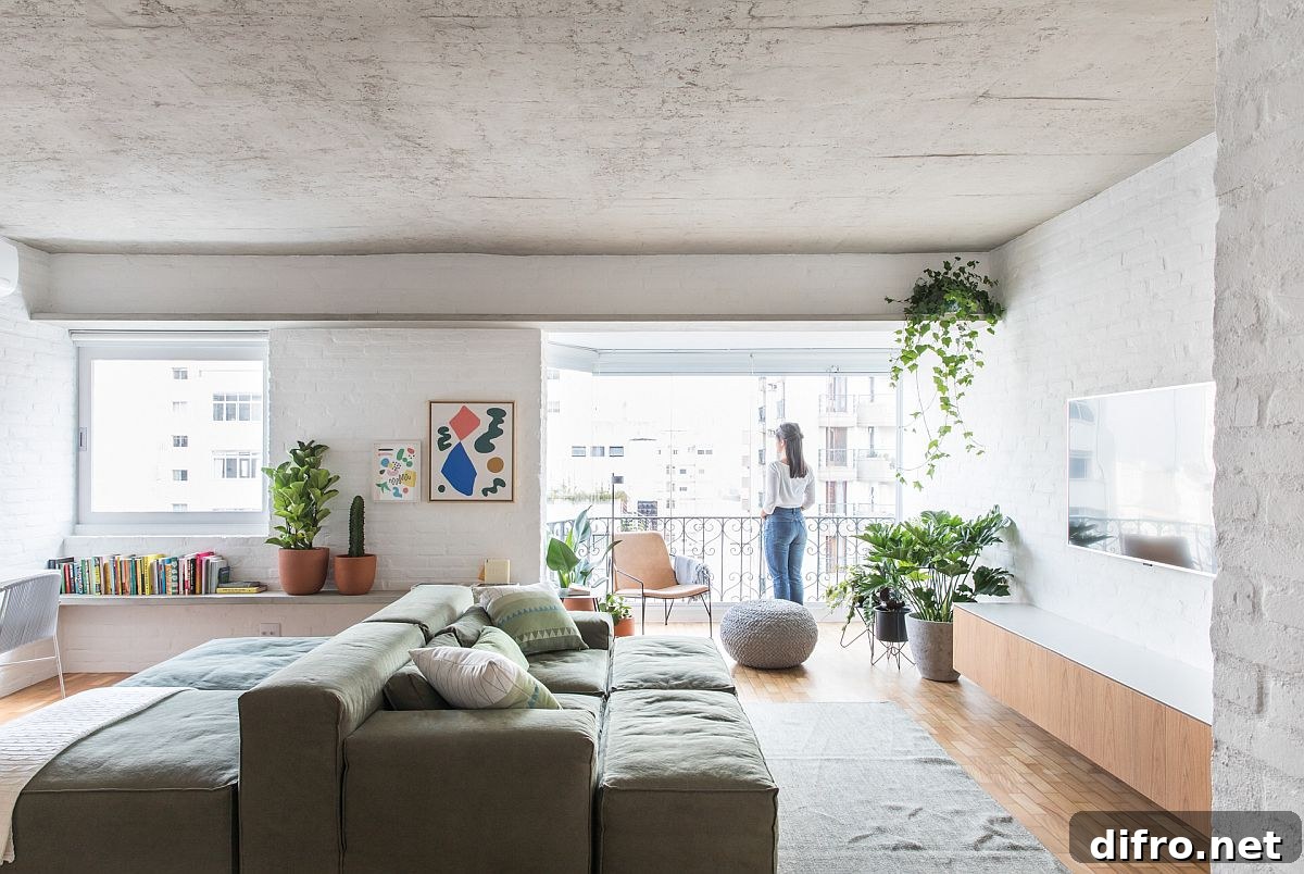 Luxurious grey modular couch in the modern living room of the São Paulo VCH Apartment