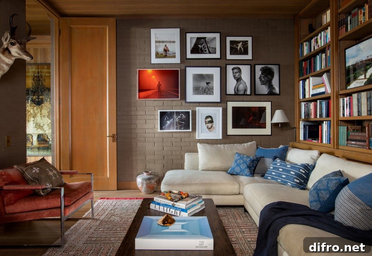 Family room with gallery wall and bookshelves