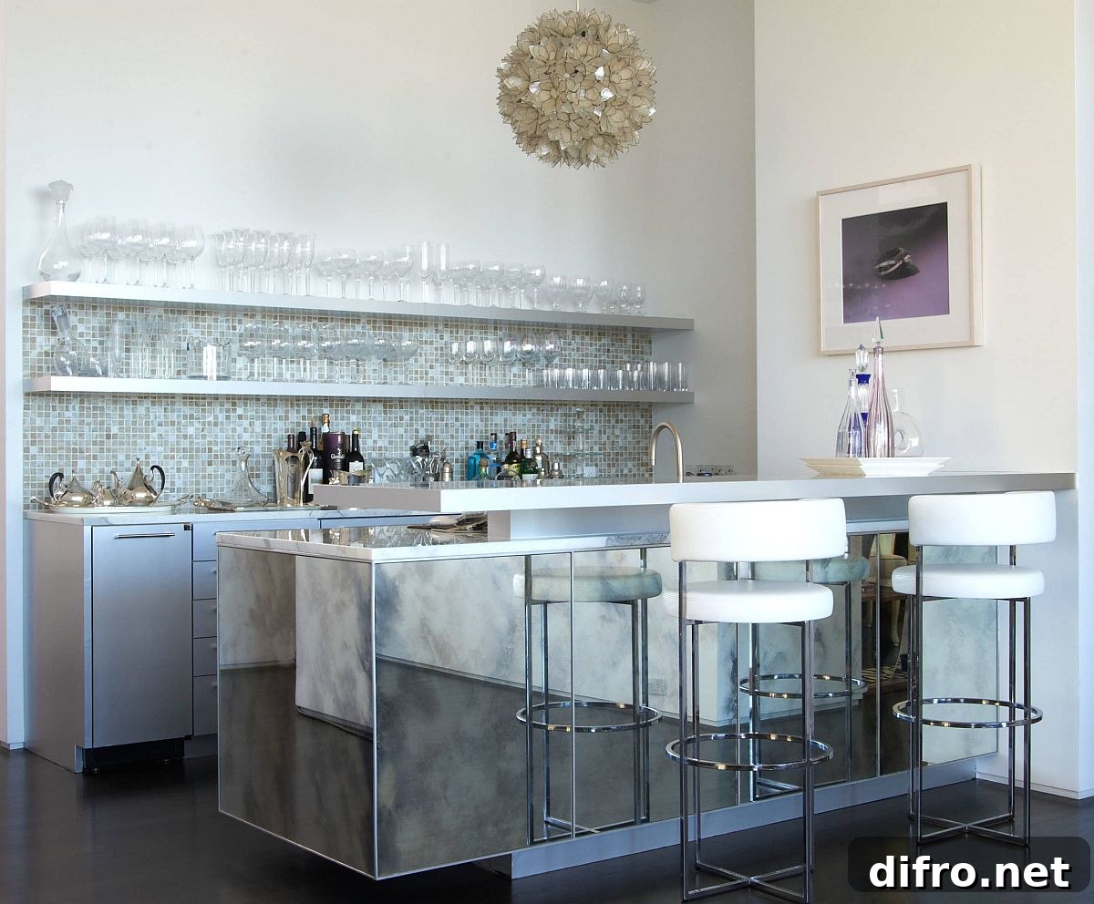 Mirrored island suitable for home bar or modern kitchen