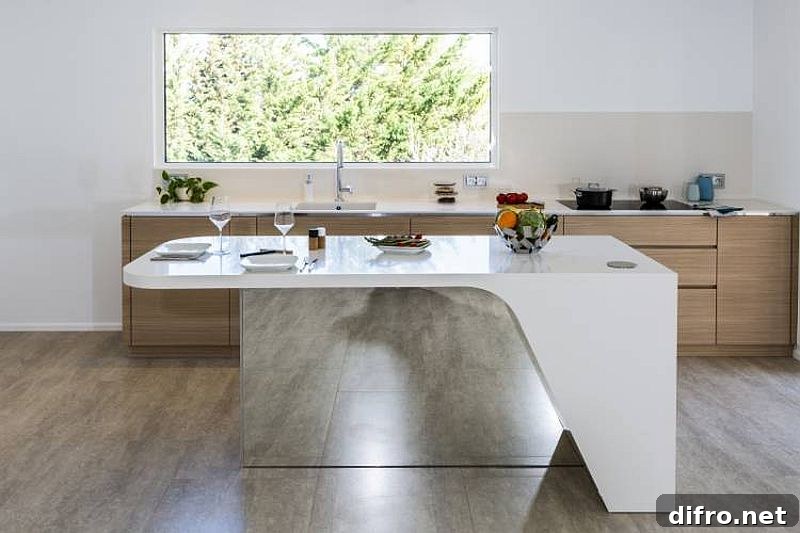 Custom kitchen island with mirrored section and flowing form