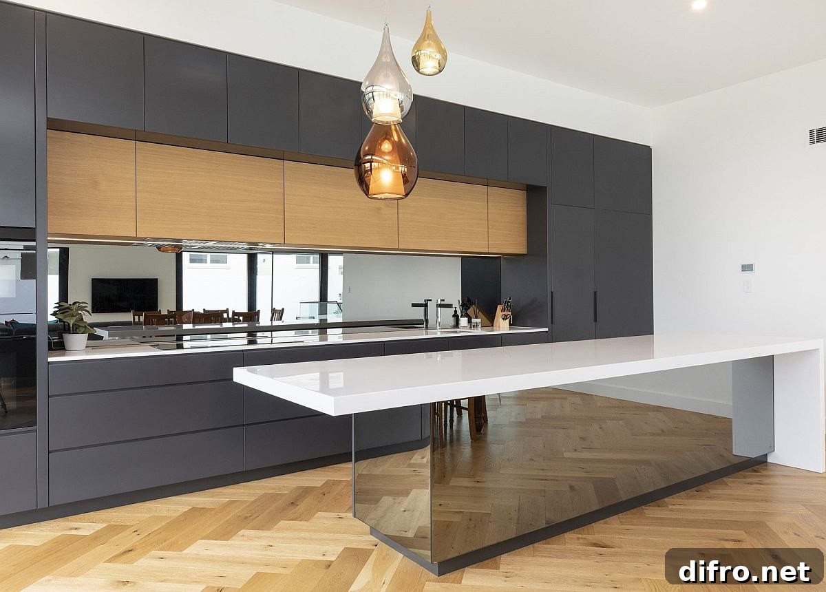 Reflective mirrored kitchen island standing out visually