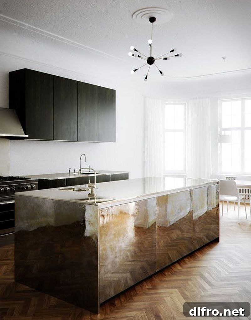 Sleek mirrored island with chevron wooden floor