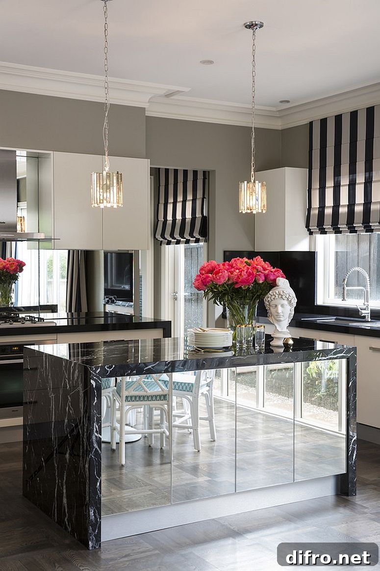 Marble countertop and glossy mirrored island