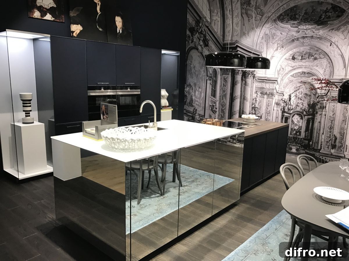 Exquisite kitchen with showstopping mirrored island