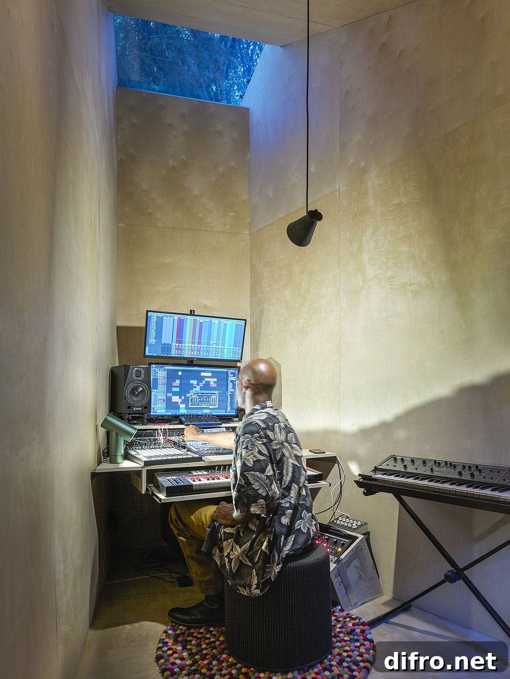 Interior view showing skylight and ambient lighting in the small music studio