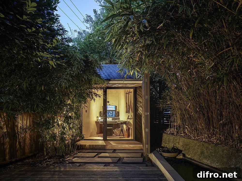 Interior and exterior view of the small backyard music studio