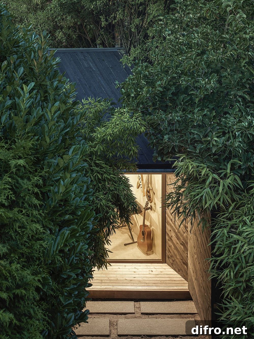 Garden and greenery surround the backyard shed