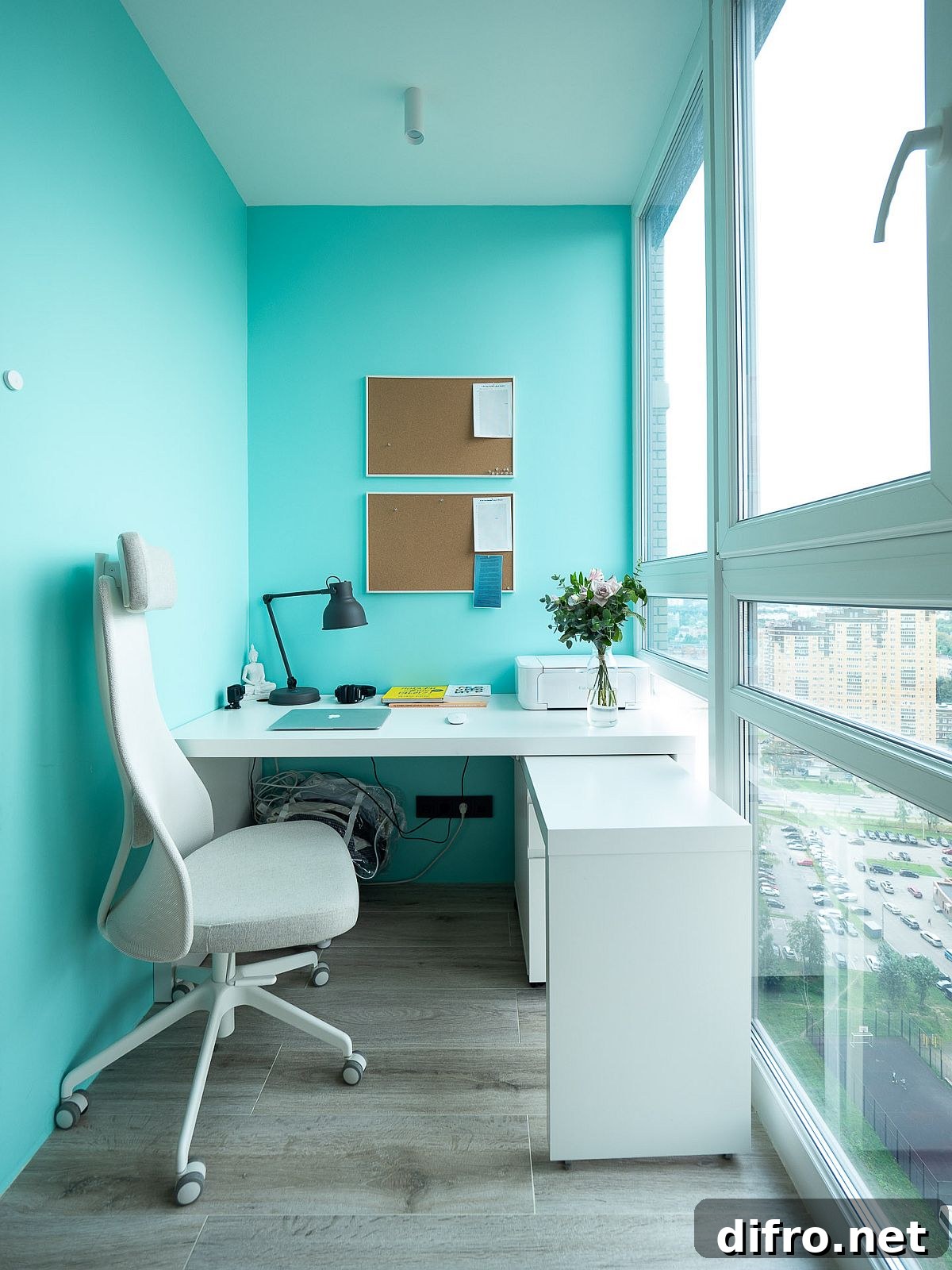 Tiny home office with blue walls and glass