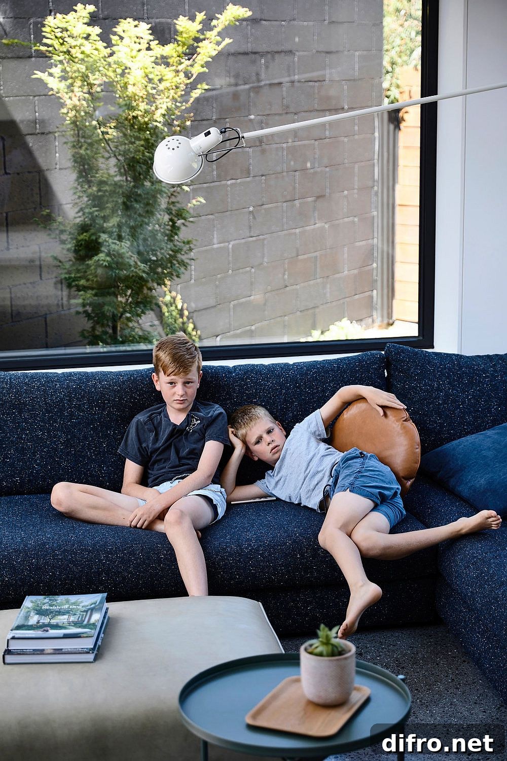 Comfy dark blue sectional in the living room