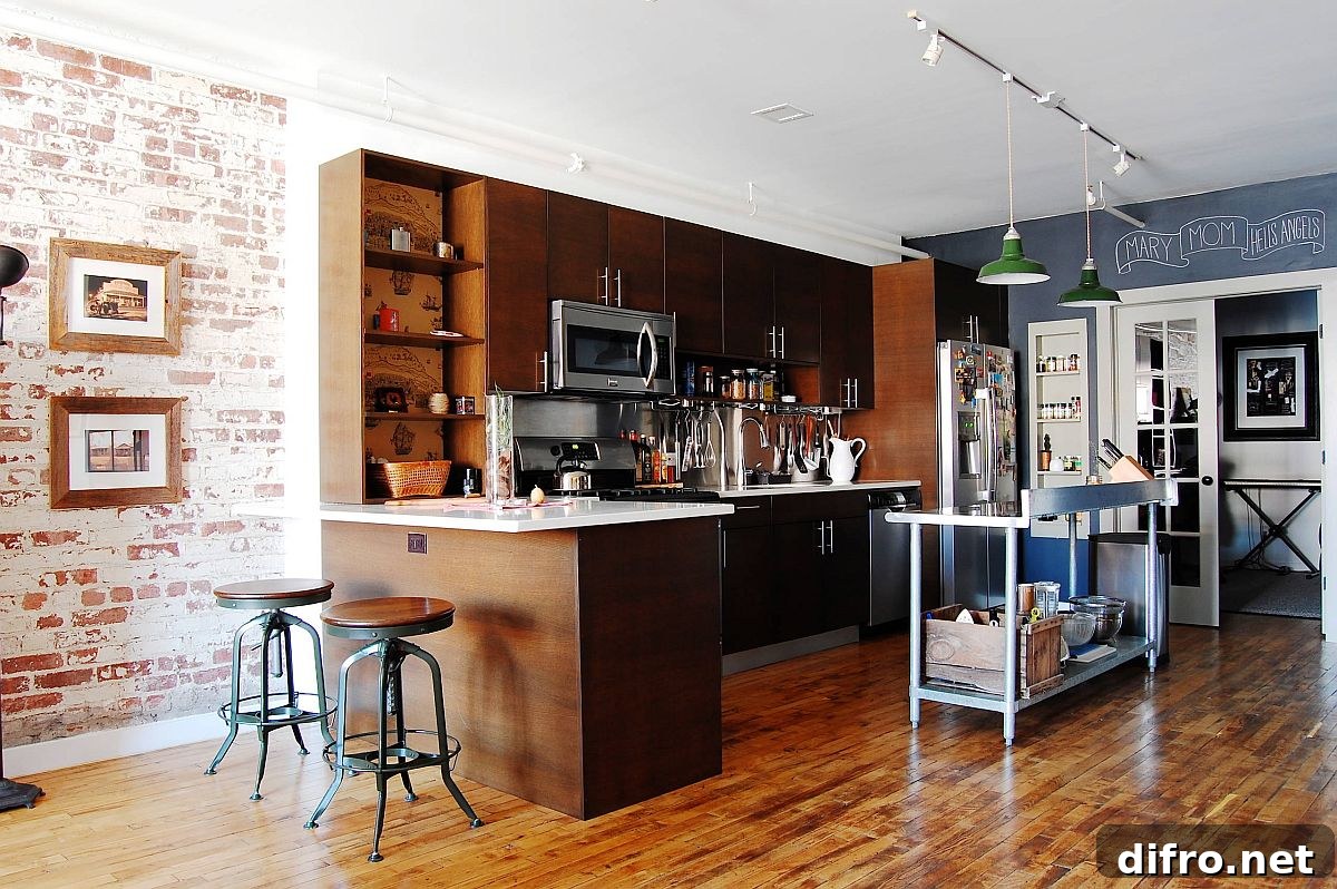 Brooklyn apartment kitchen with open steel island and wooden cabinets
