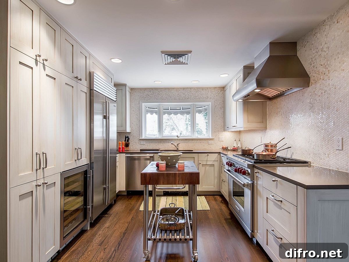Tiny island on wheels with steel base and butcher block countertop
