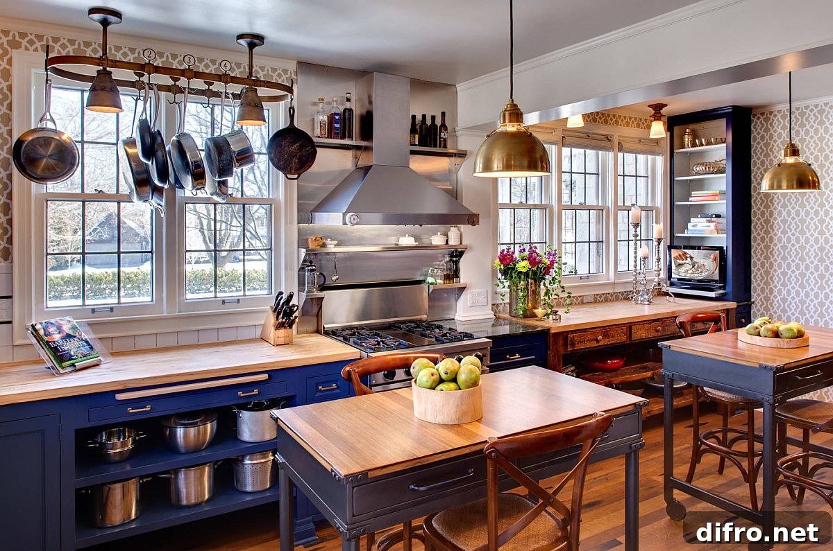 Wood and blue kitchen with open islands and a few cabinets