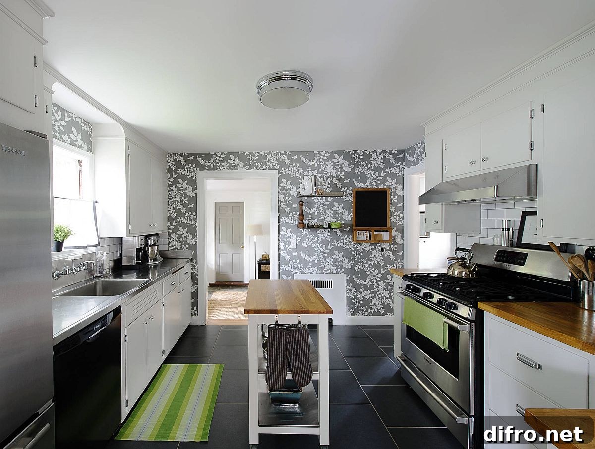 Slim, open wooden island for an affordable modern kitchen