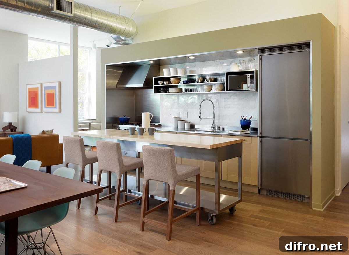 Steel and wood island on wheels that is slim and elegant