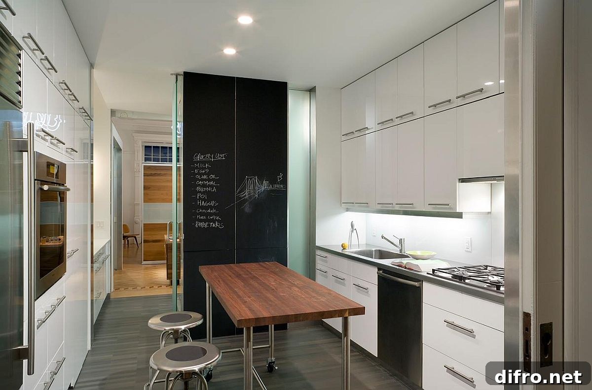 Modern kitchen with steel open island and chalkboard wall