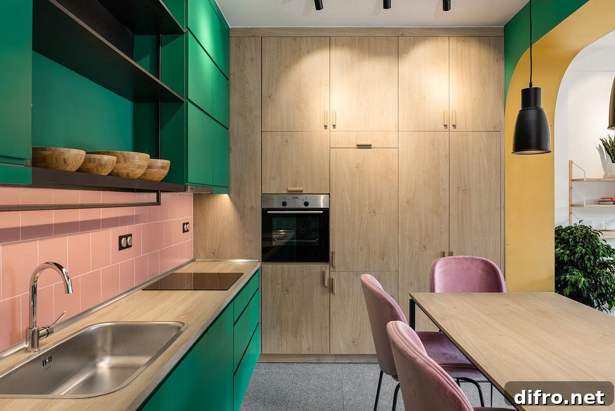 Colorful kitchen with pink tiles