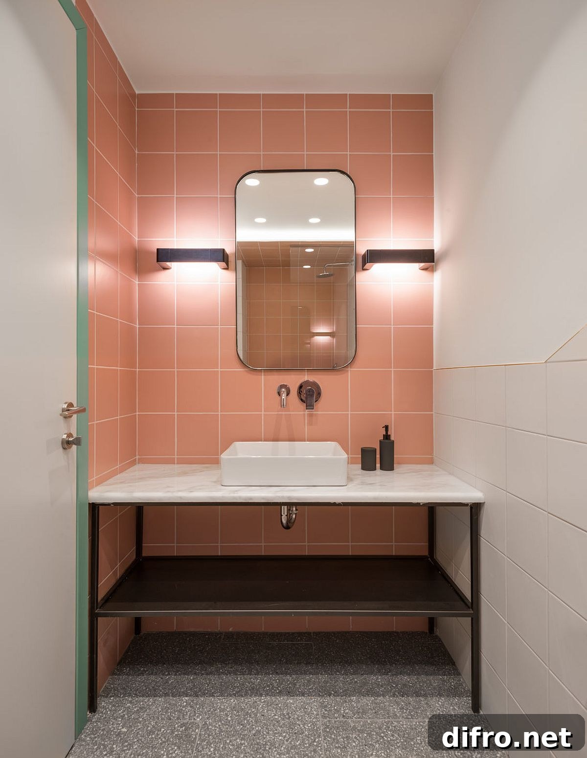 Small modern bathroom with pink tiles