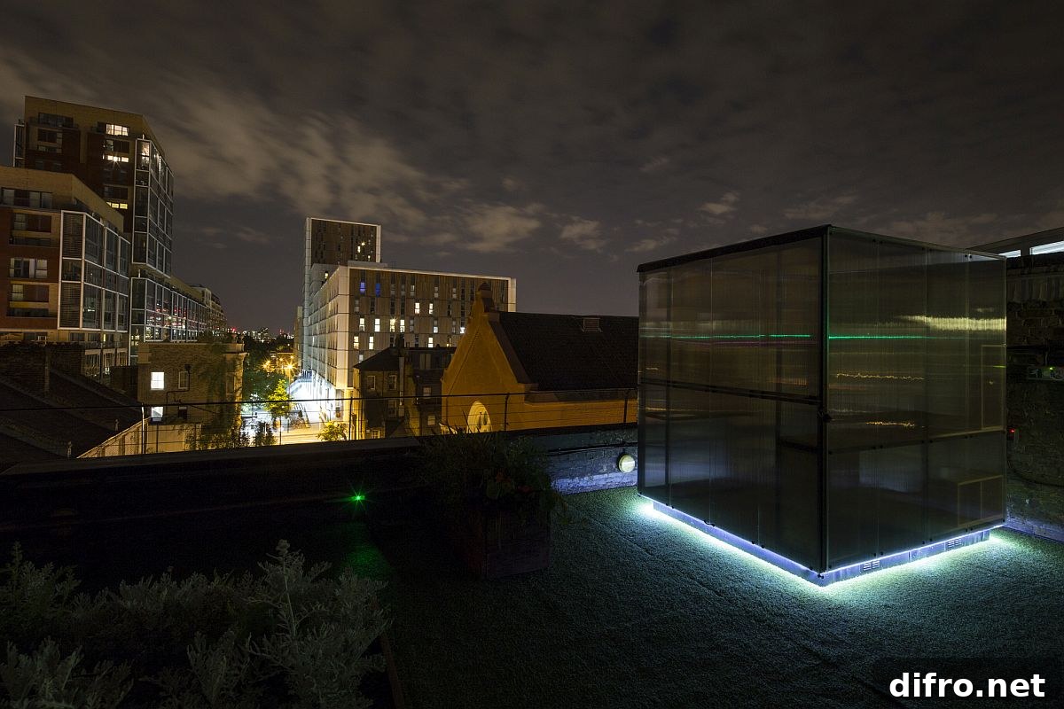 Minima Moralia at sunset with LED strip lighting