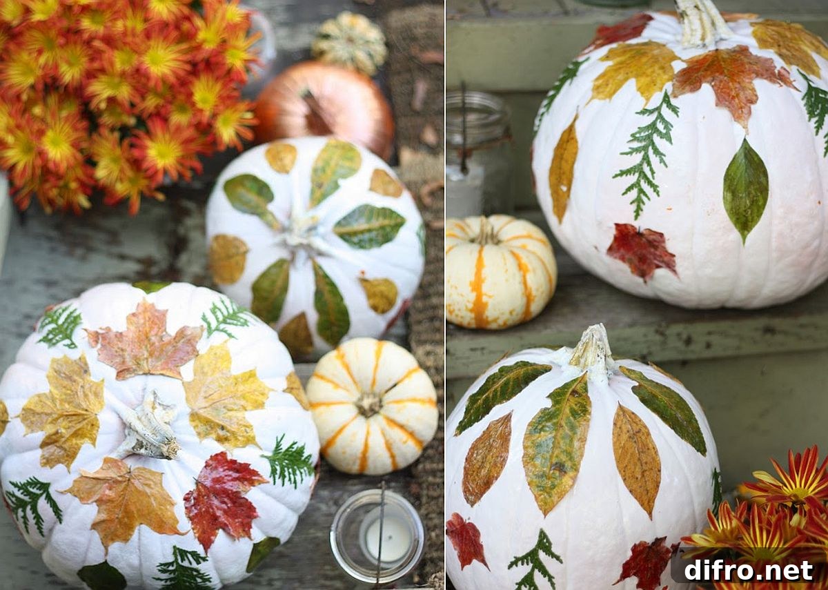 DIY pumpkin decorating using fall leaves to create fun prints