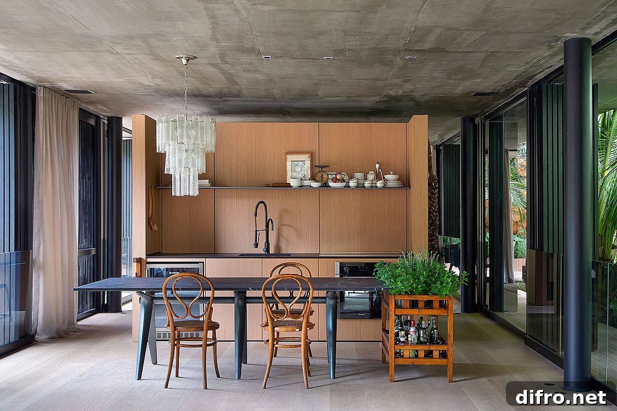 Open dining area with raw concrete ceiling and wooden cabinets
