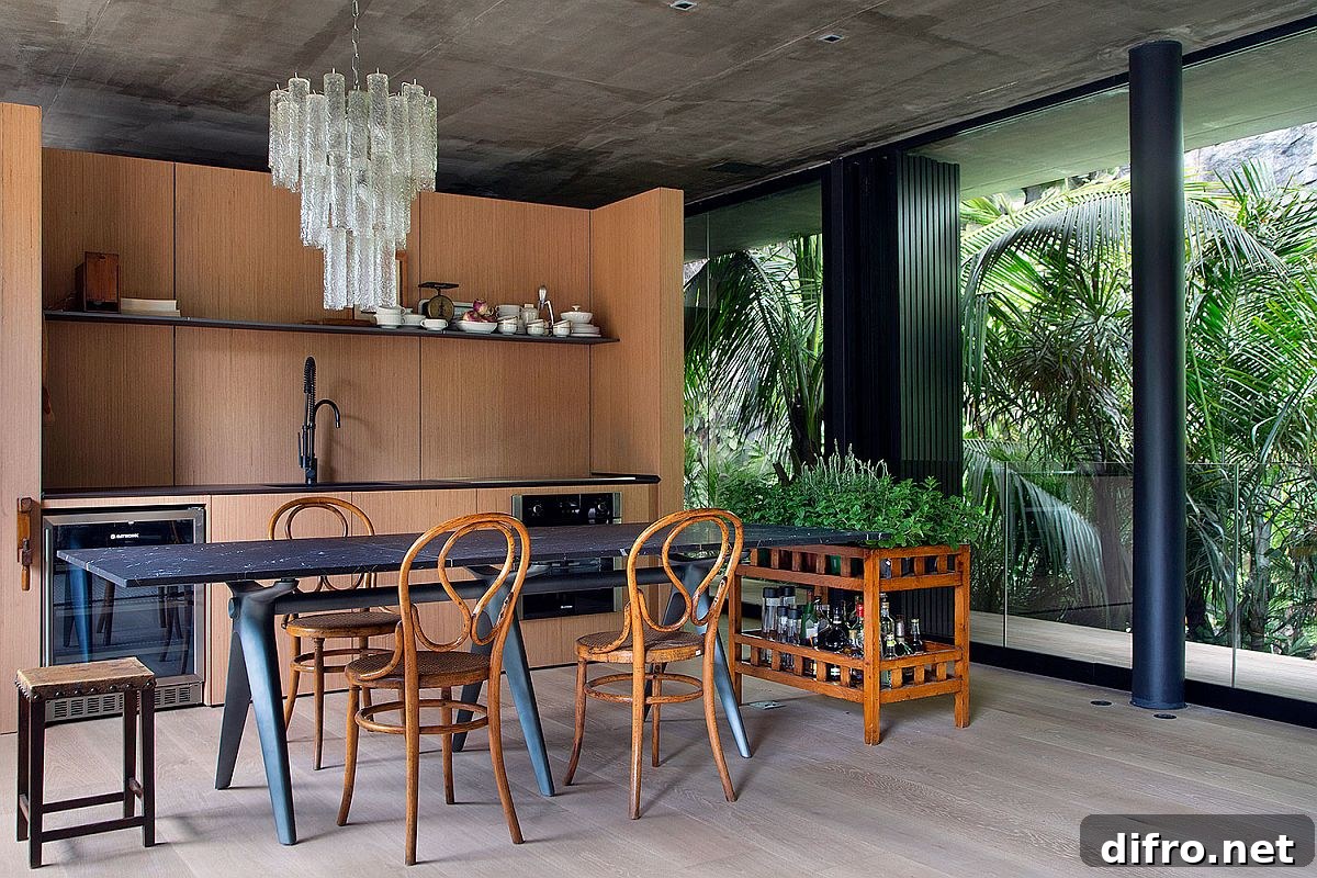 Wooden kitchen and dining area filled with light