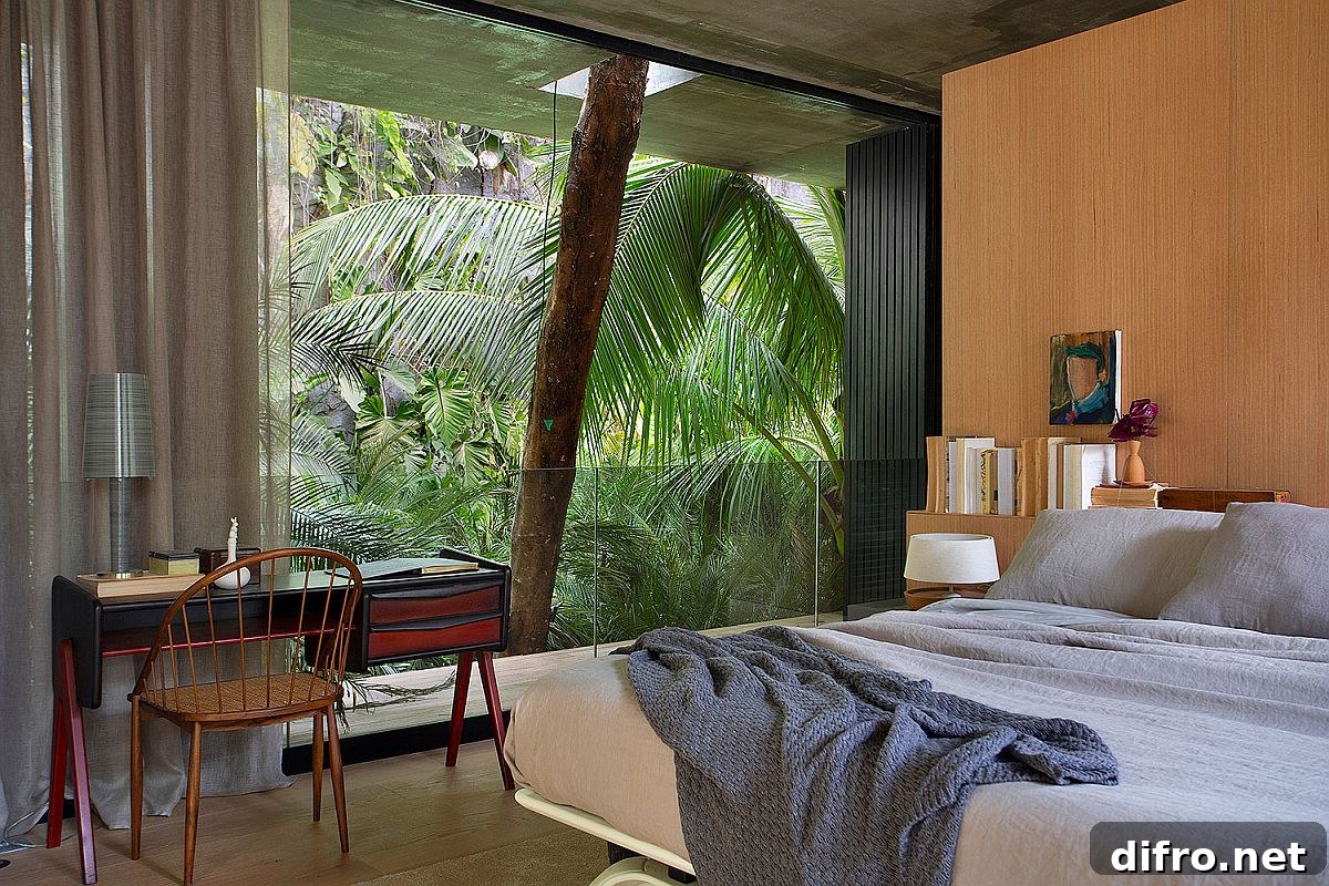 Bedroom with wooden wall and glass railing