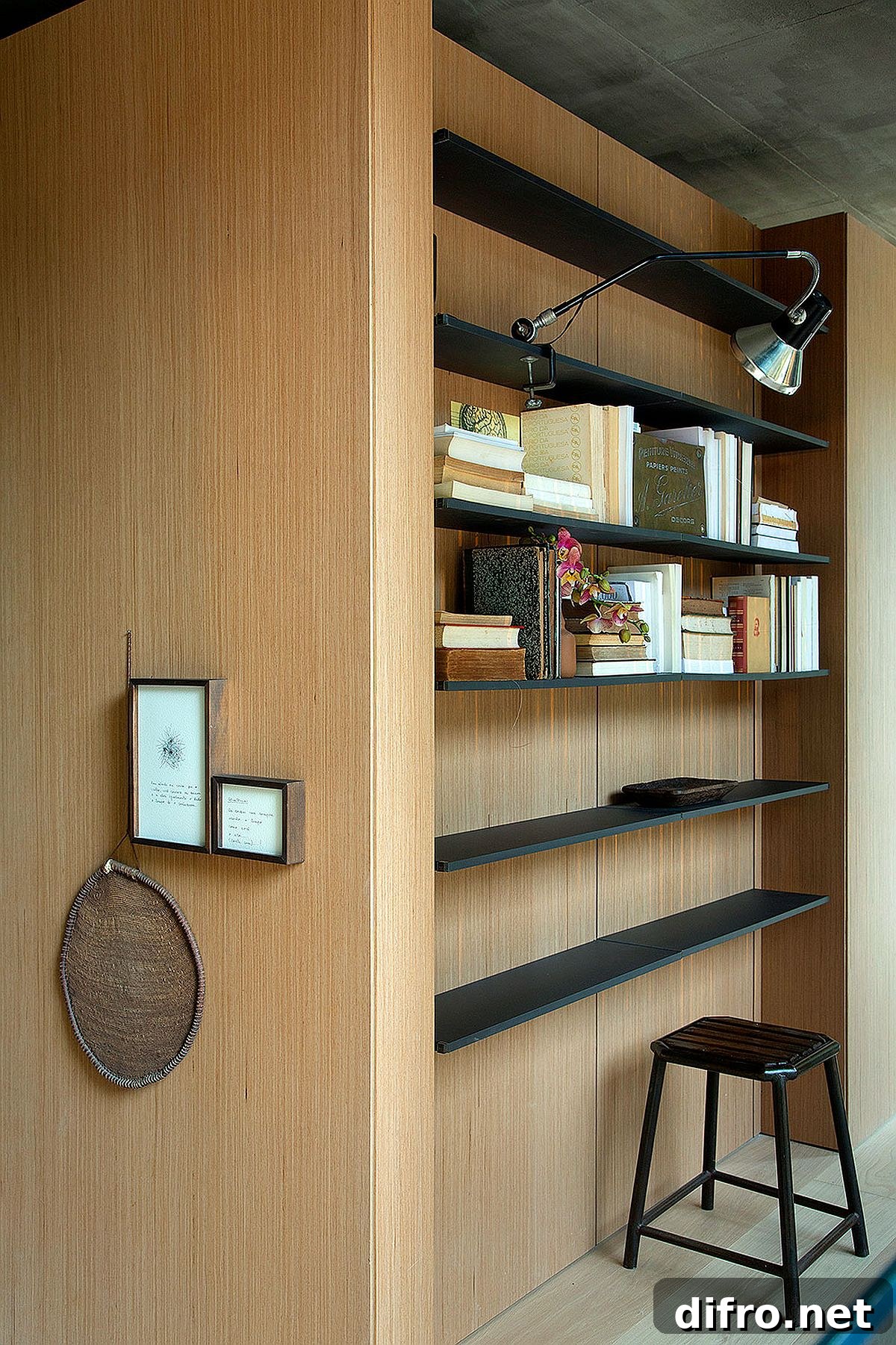 Slim floating shelves inside wardrobe creating a workspace