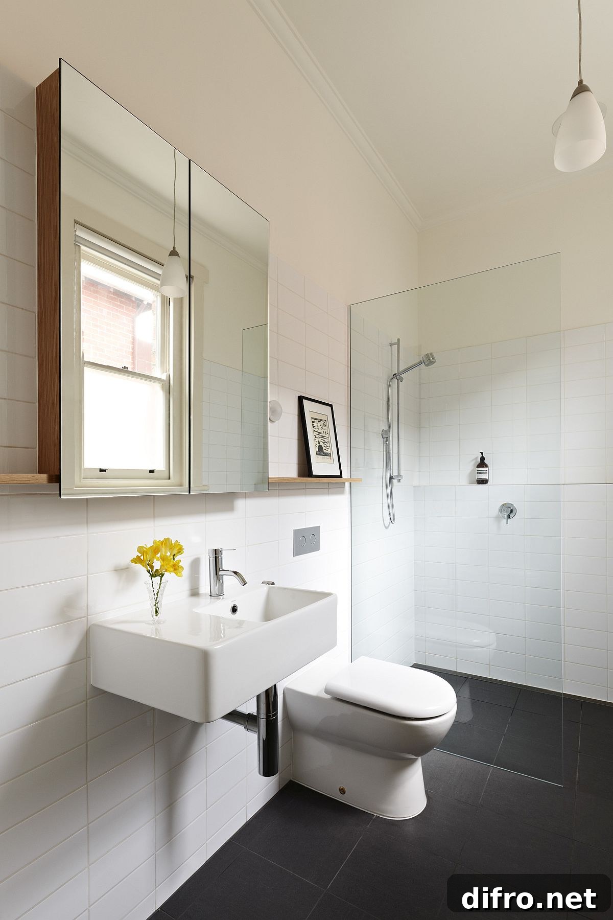 Smart modern bathroom in white with natural light