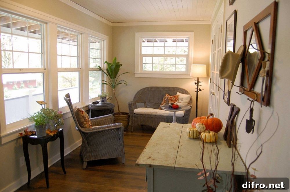 Weathered finishes and rustic decor for a farmhouse-style sunroom