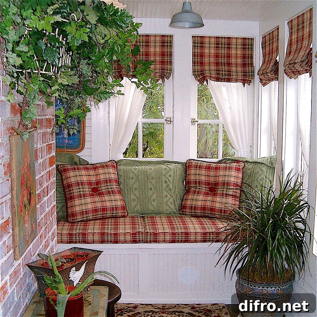 Plaid textiles adding color and farmhouse charm to a small sunroom