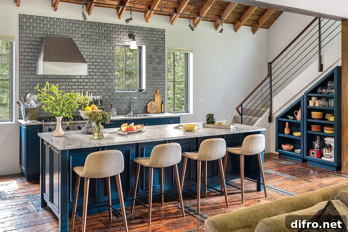 Custom blue kitchen island with stone countertops