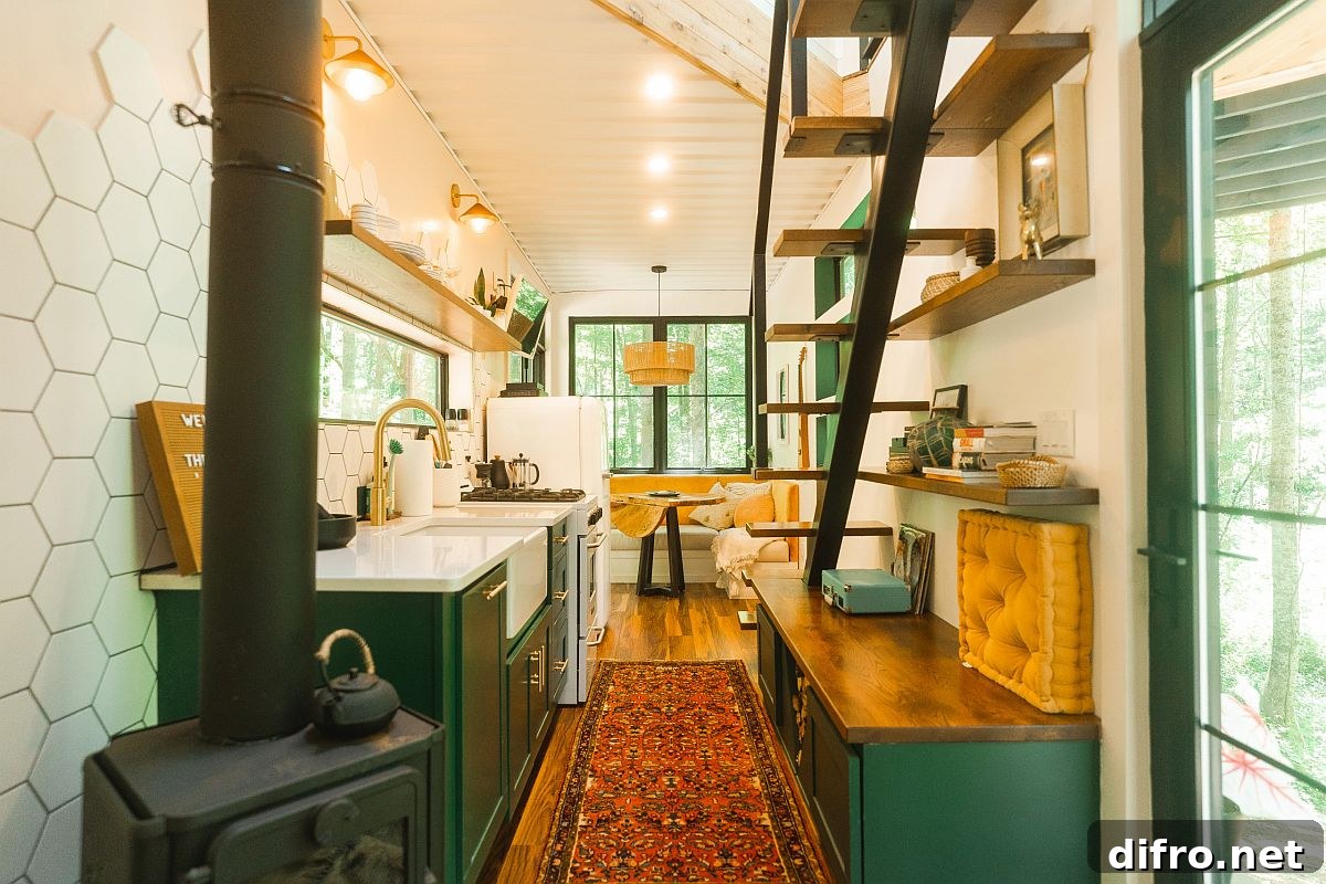 Boho farmhouse kitchen with emerald and golden yellow accents