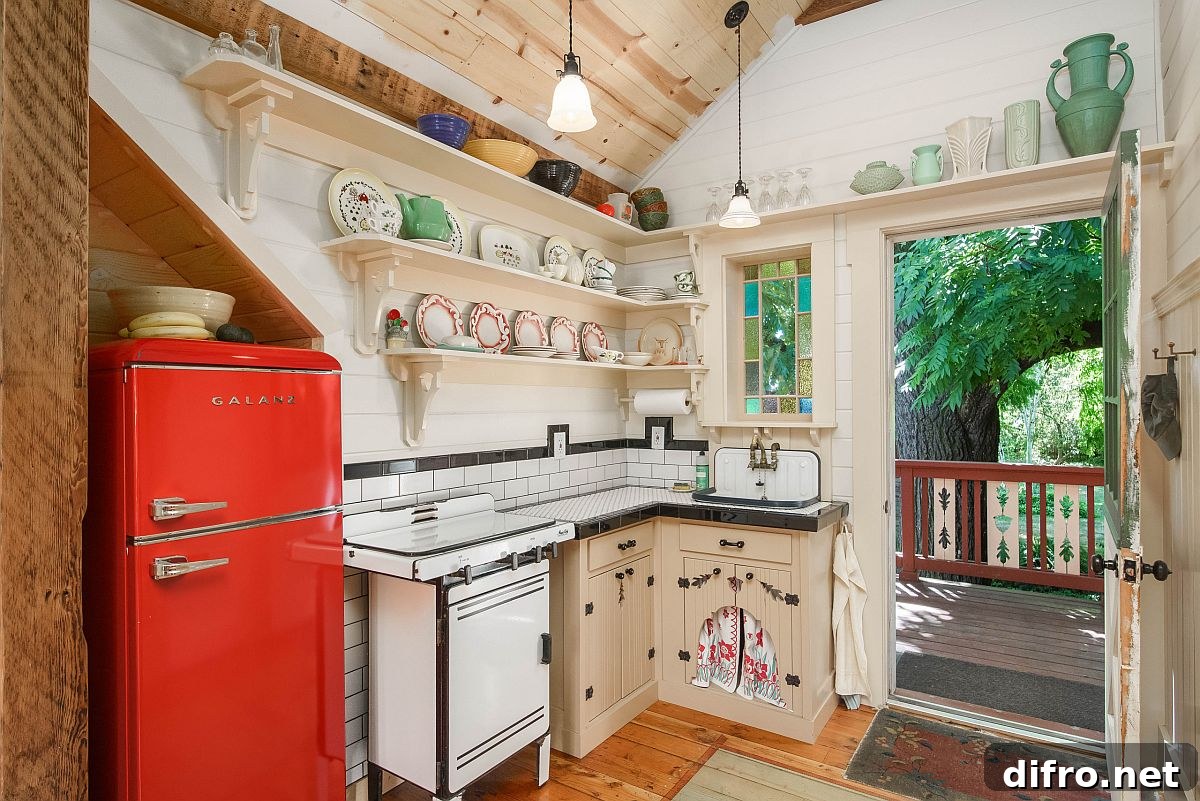 Small farmhouse kitchen with red vintage refrigerator