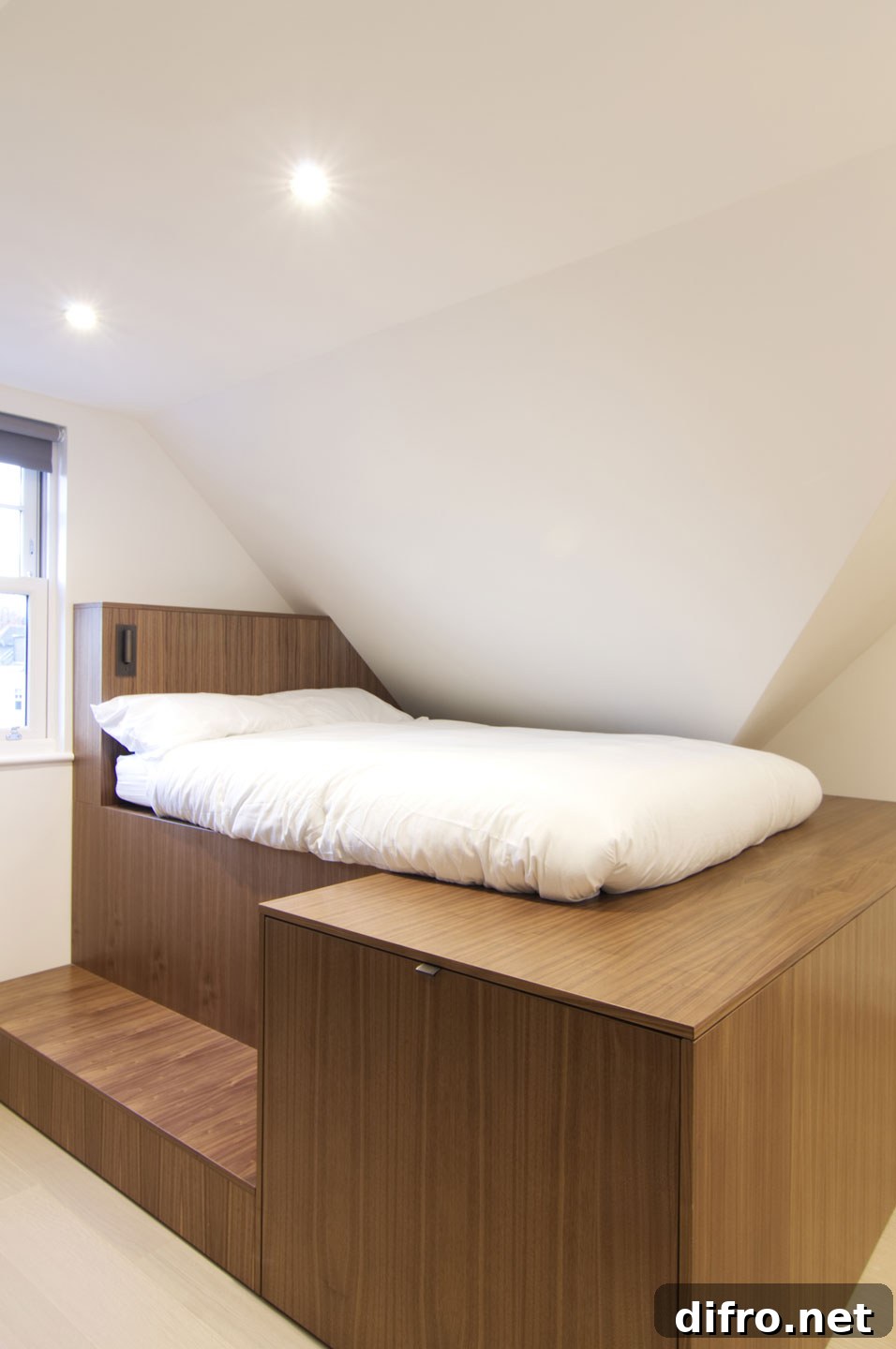 Integrated wooden units providing storage in a compact apartment