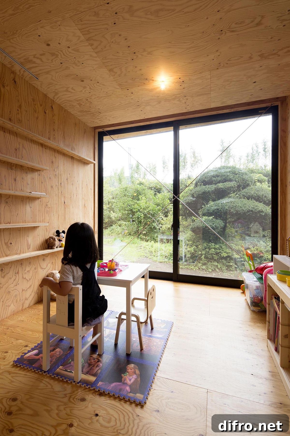 Minimal playroom with sliding glass doors